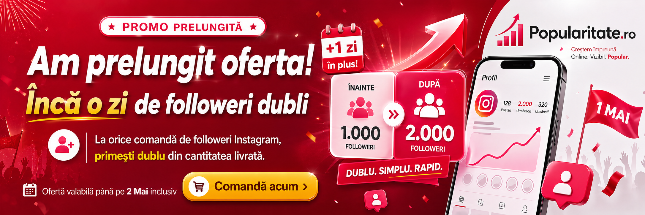 May 1 offer: double Instagram followers quantity on Popularitate.ro